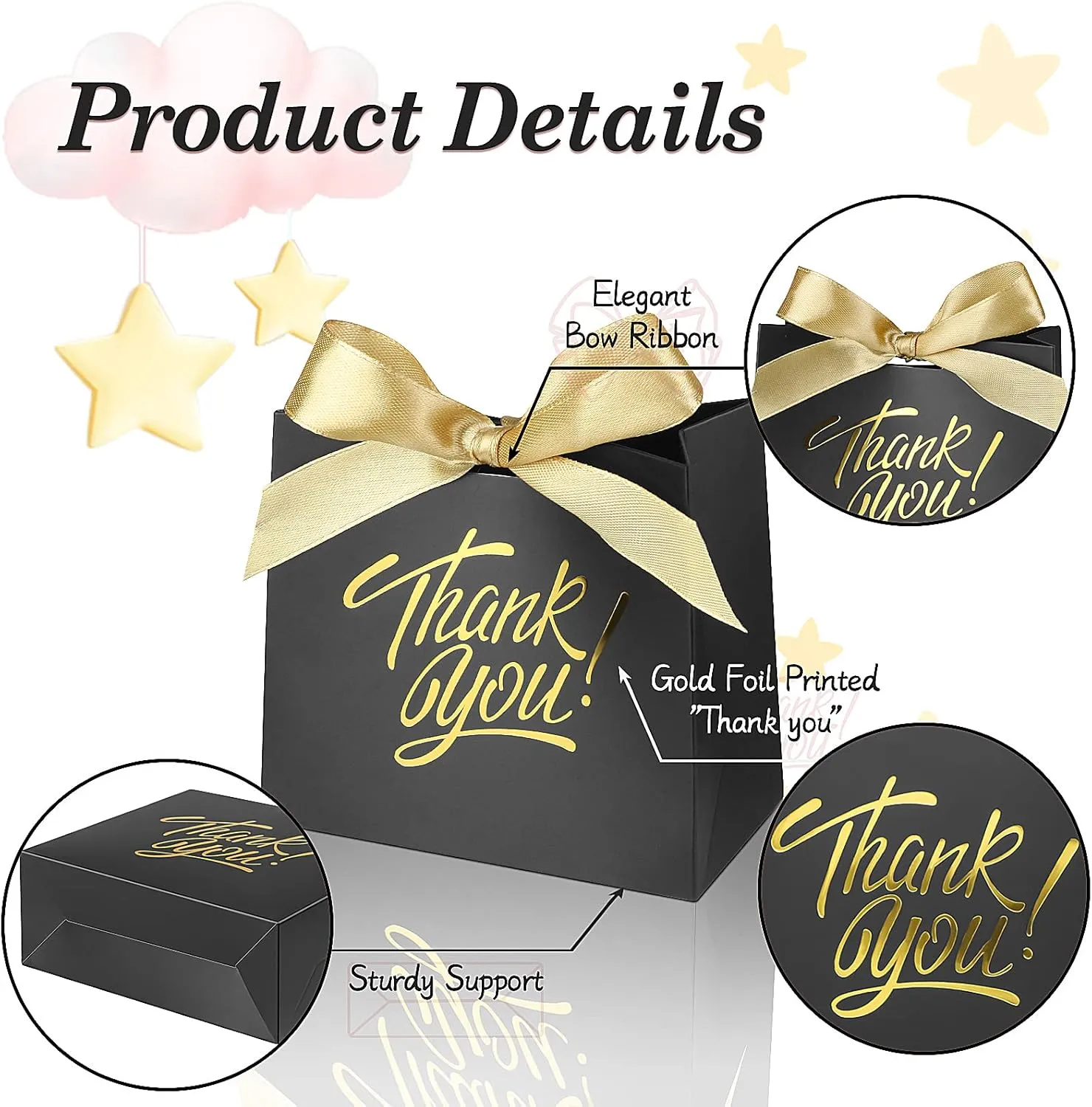 Small Thank You Gift Bags - 60 Pack Mini Candy Treat Bags for Birthday, Wedding, Party & Holidays - 4.5x1.8x3.9in Boxes with Gold Foil Printed Bow Ribbon