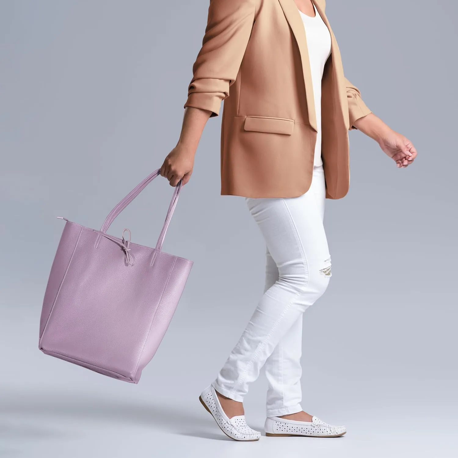 Soft Italian Genuine Calf Leather Tote Bag | Unstructured Unlined Shopper with Zipper, Inside Pocket & Flat Base