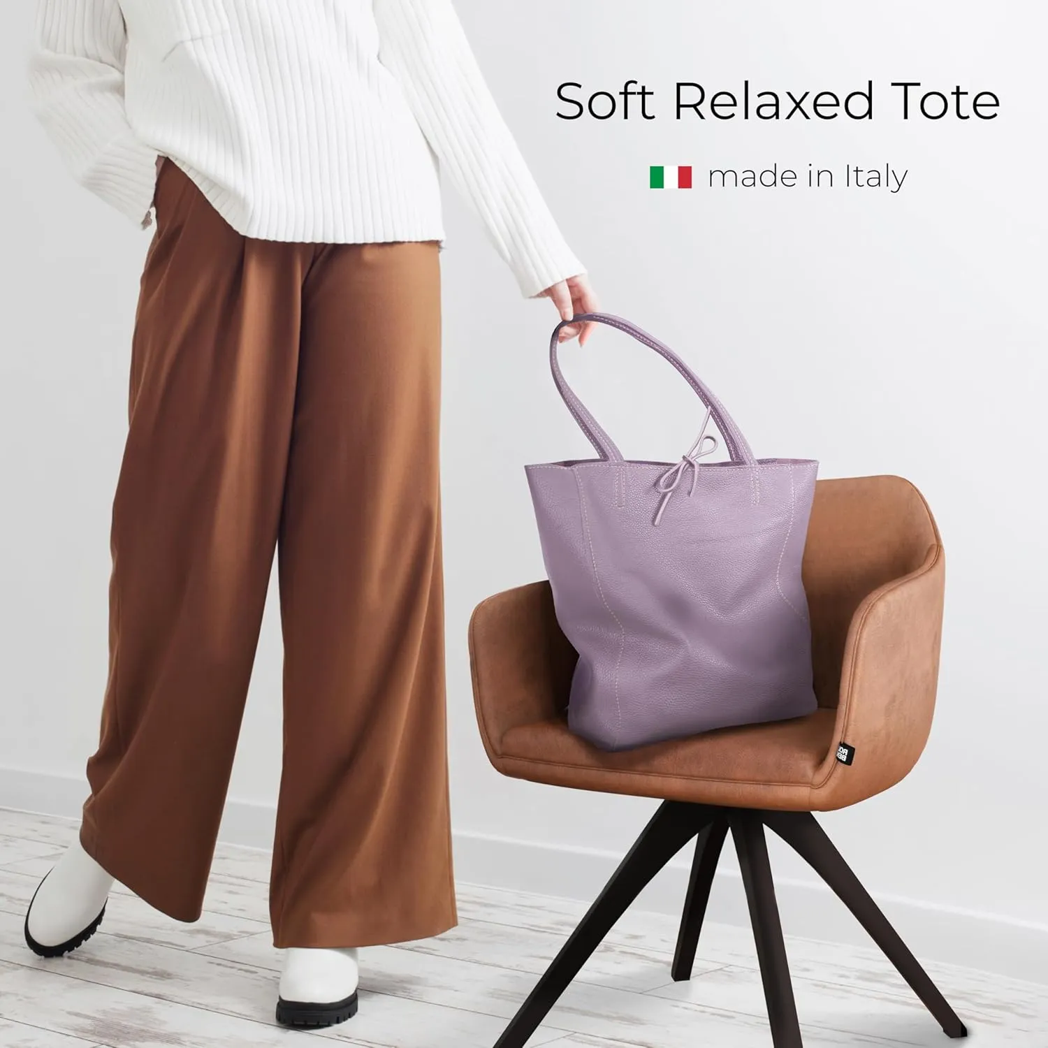 Soft Italian Genuine Calf Leather Tote Bag | Unstructured Unlined Shopper with Zipper, Inside Pocket & Flat Base