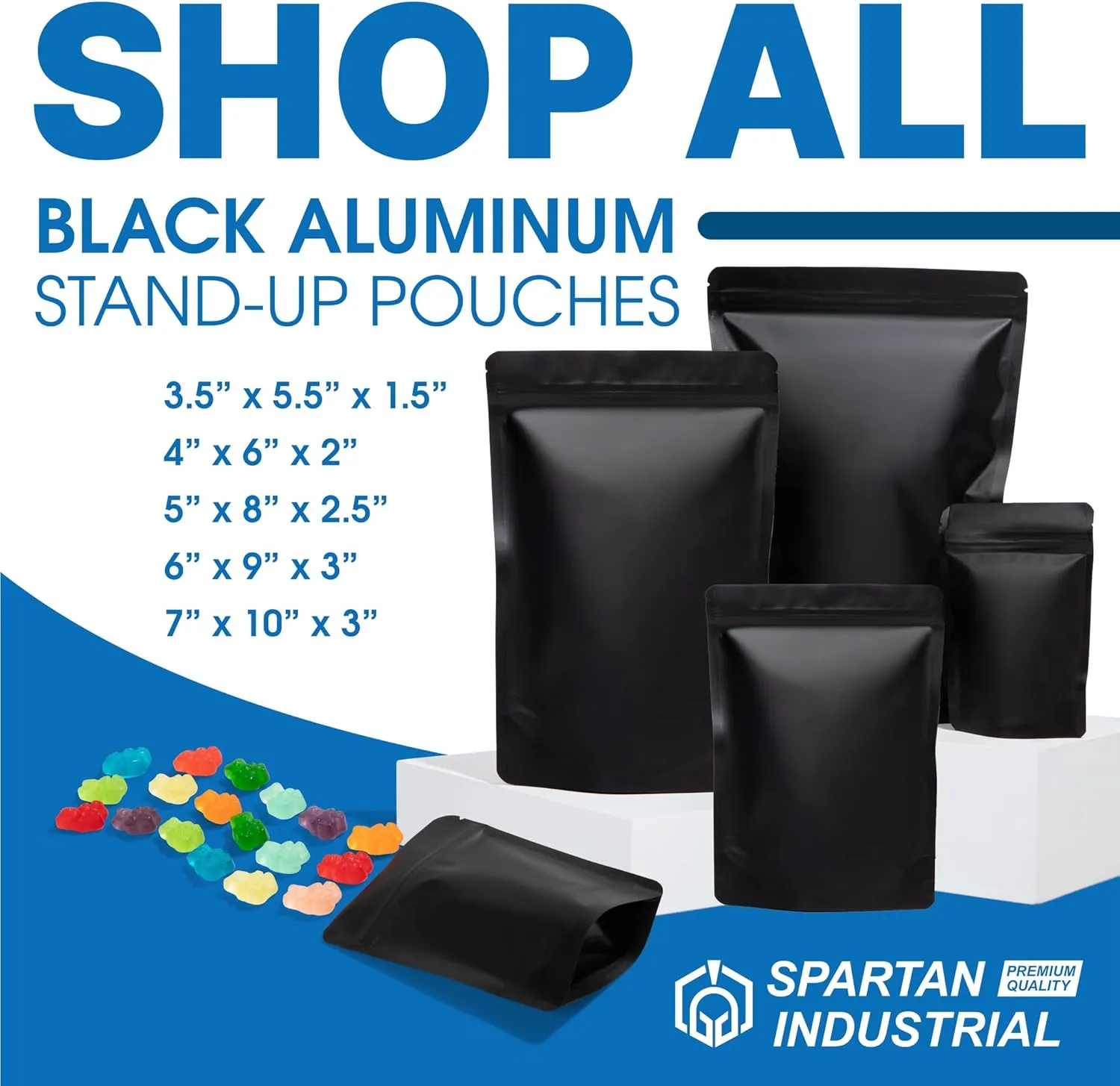 Spartan Industrial 7" X 10" Matte Black Stand-Up Pouches - 100 Count Smell-Proof Mylar Bags for Food Storage With Heat Sealable Opening and Resealable Zipper