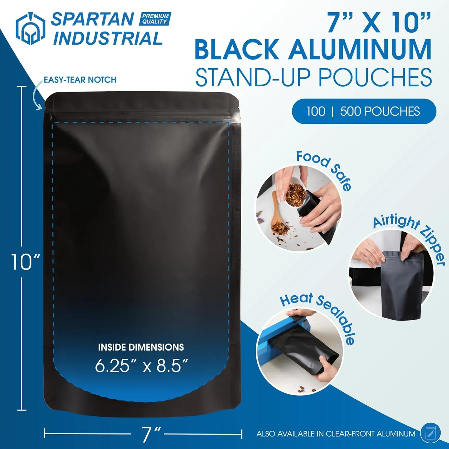 Spartan Industrial 7" X 10" Matte Black Stand-Up Pouches - 100 Count Smell-Proof Mylar Bags for Food Storage With Heat Sealable Opening and Resealable Zipper