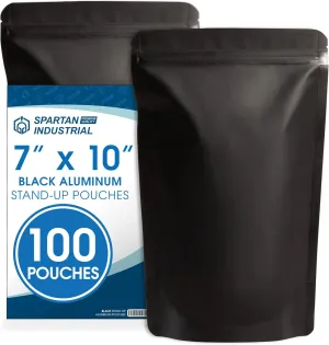 Spartan Industrial 7" X 10" Matte Black Stand-Up Pouches - 100 Count Smell-Proof Mylar Bags for Food Storage With Heat Sealable Opening and Resealable Zipper