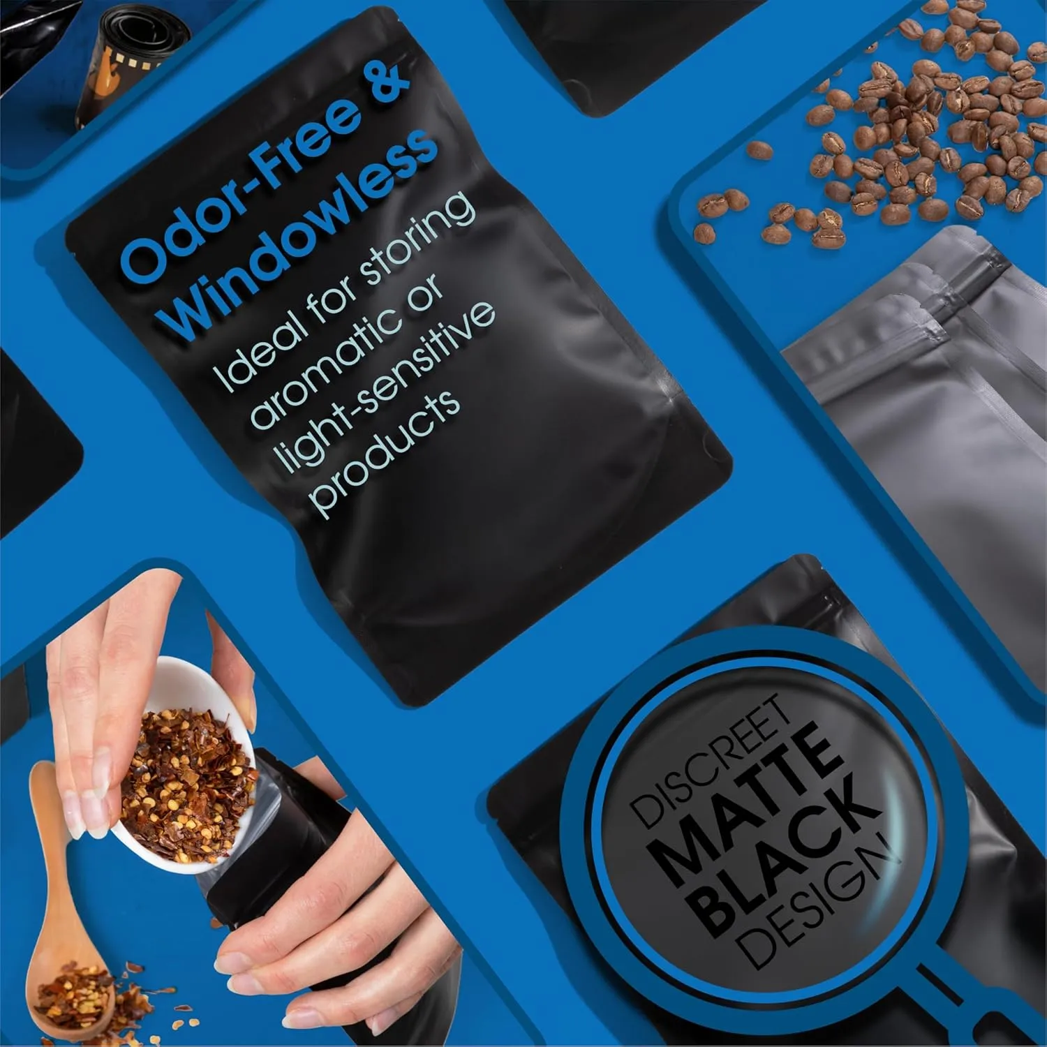 Spartan Industrial 7" X 10" Matte Black Stand-Up Pouches - 100 Count Smell-Proof Mylar Bags for Food Storage With Heat Sealable Opening and Resealable Zipper