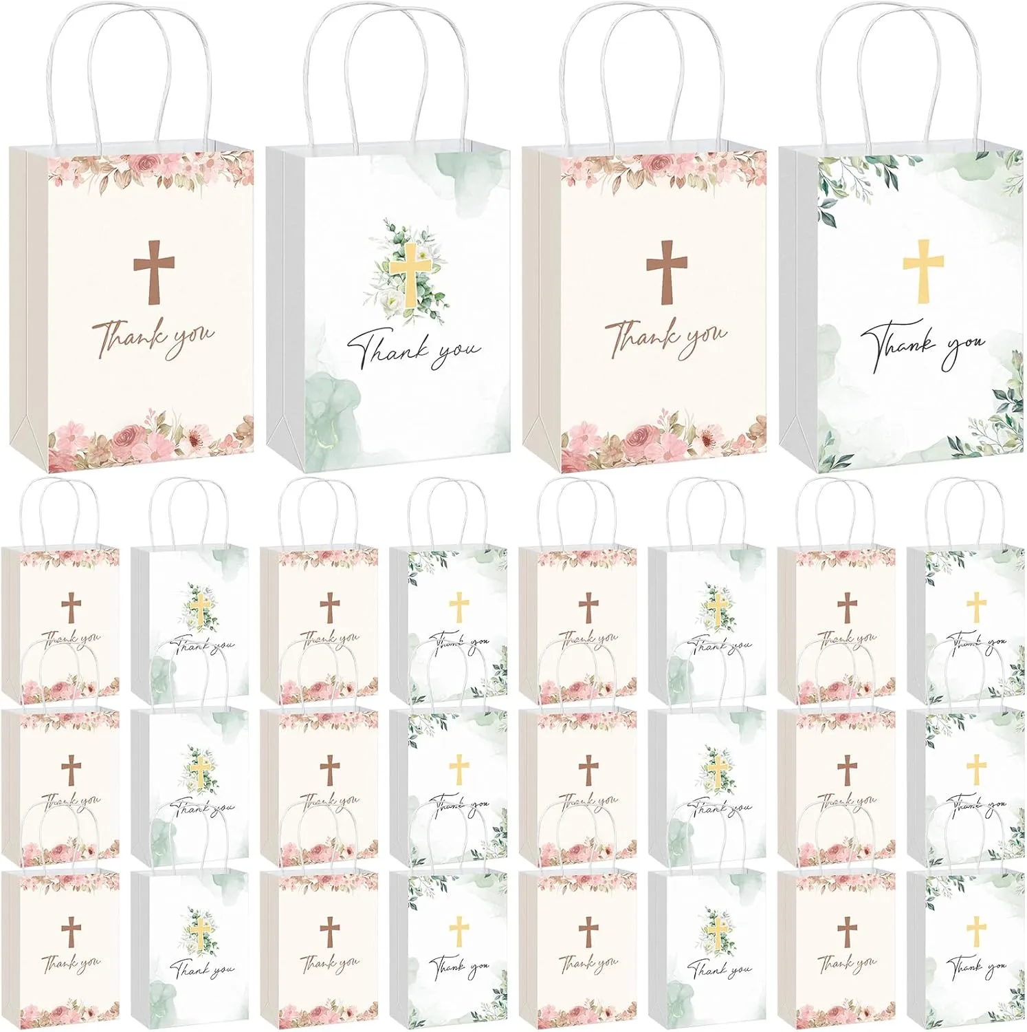 Spiareal 24 Pcs Baptism Christian Thank You Paper Bags with Handles 8.3"x3.2"x5.9 Church Gift Goodie Cross Bags Bulk for First Communion Baptism Religious Christian Baby Shower Party Favors