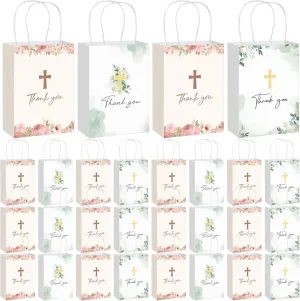 Spiareal 24 Pcs Baptism Christian Thank You Paper Bags with Handles 8.3"x3.2"x5.9 Church Gift Goodie Cross Bags Bulk for First Communion Baptism Religious Christian Baby Shower Party Favors
