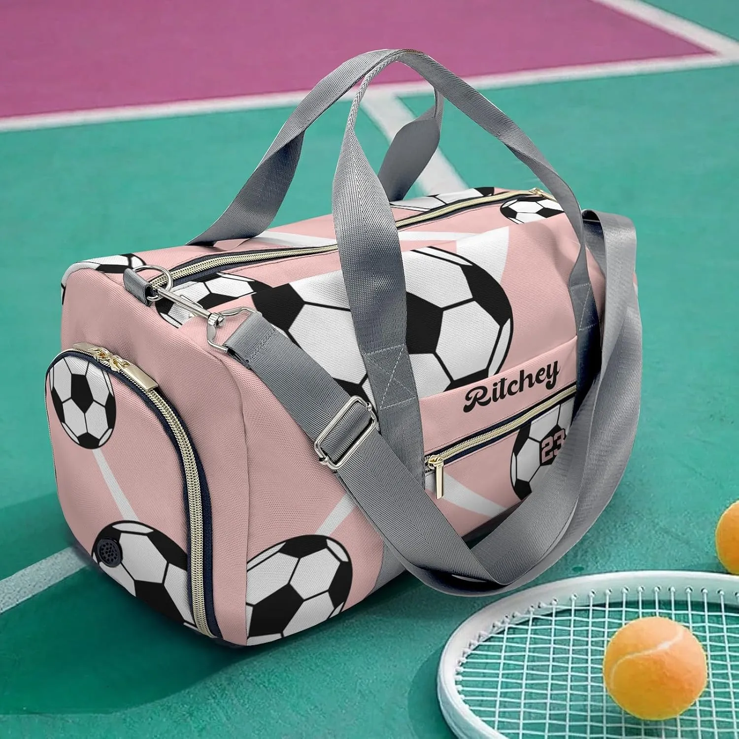 Sport Soccer Number Team Peach Personalized Duffel Bag Custom Women Men Multi-Function Travel Bag Gym Sports Bag Gymnastic Yoga Bag Carry On Overnight Weekend Duffel Bags