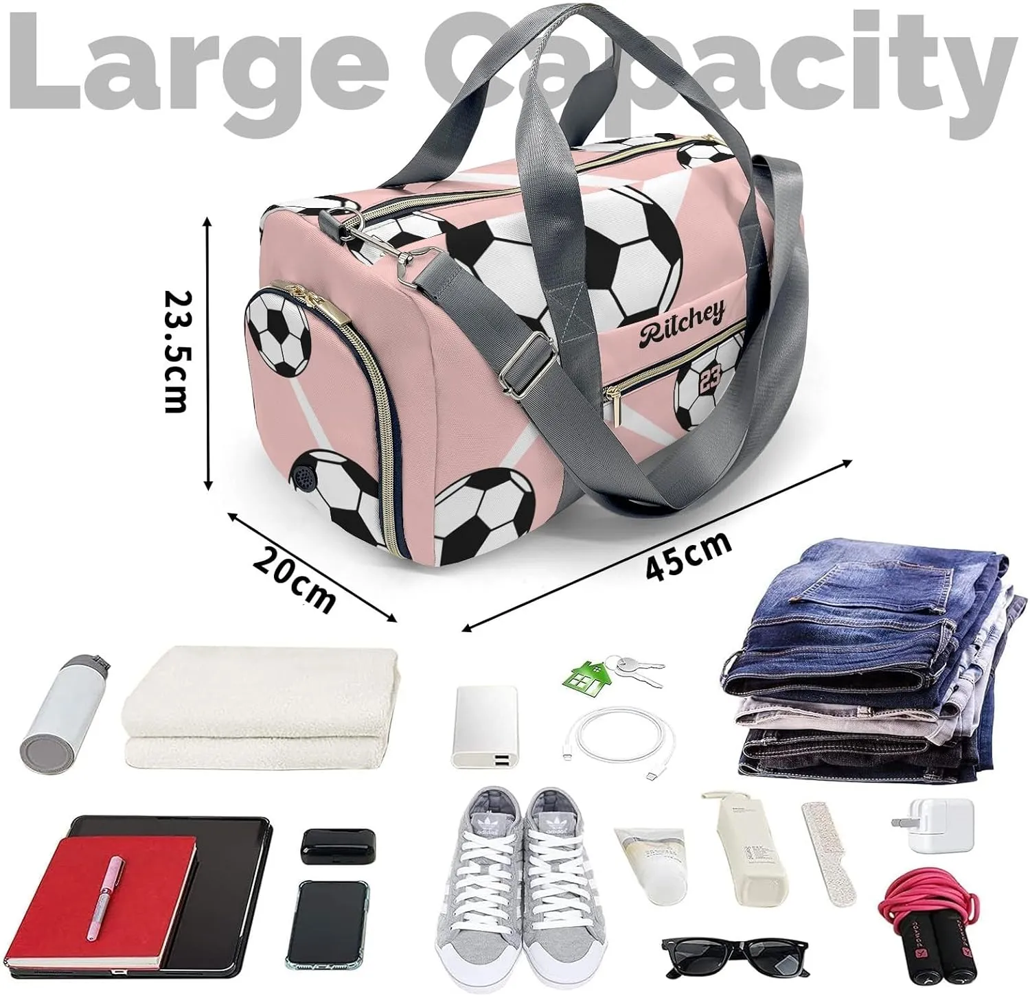 Sport Soccer Number Team Peach Personalized Duffel Bag Custom Women Men Multi-Function Travel Bag Gym Sports Bag Gymnastic Yoga Bag Carry On Overnight Weekend Duffel Bags