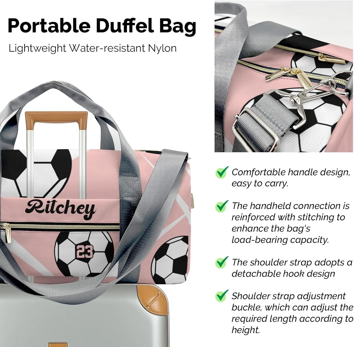 Sport Soccer Number Team Peach Personalized Duffel Bag Custom Women Men Multi-Function Travel Bag Gym Sports Bag Gymnastic Yoga Bag Carry On Overnight Weekend Duffel Bags