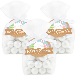 Spring Easter Bunny - Happy Easter Party Clear Goodie Favor Bags - Treat Bags With Tags - Set of 12