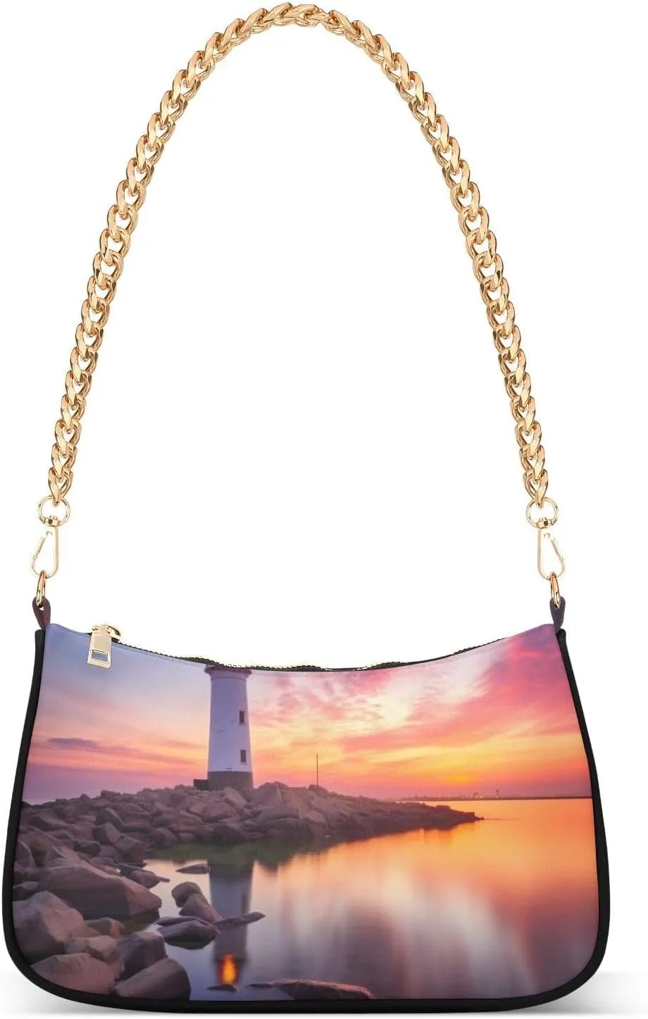 Sunset Lighthouse Shoulder Bag for Women, Handbag with Chain Strap, Soft Purse Tote Bag for Ladies