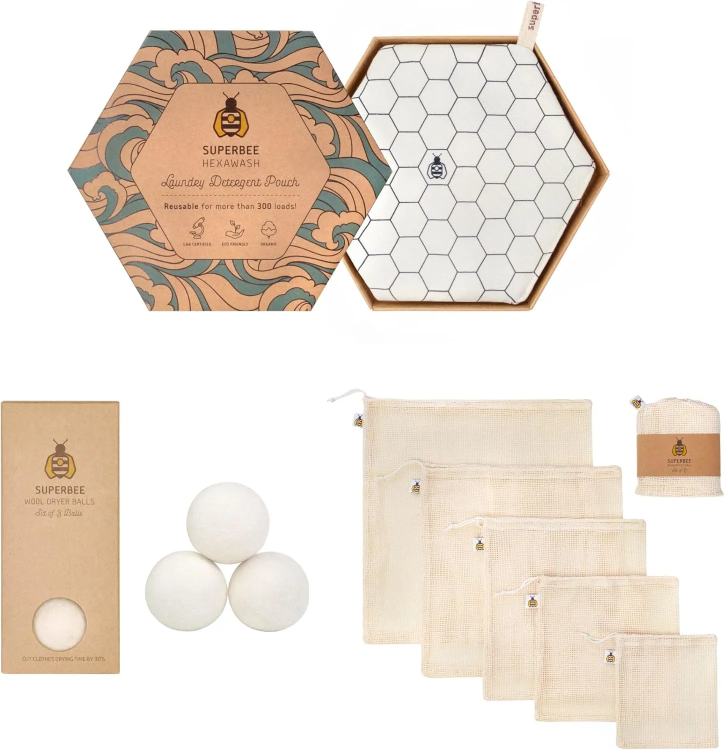 SuperBee Laundry Kit - Eco Laundry travel kit - Chemical Free Sensitive Skin Laundry - Laundry alternative 300 loads - 3 Wool Dryer Balls - Natural Fabric Softener - Cotton mesh laundry bags set