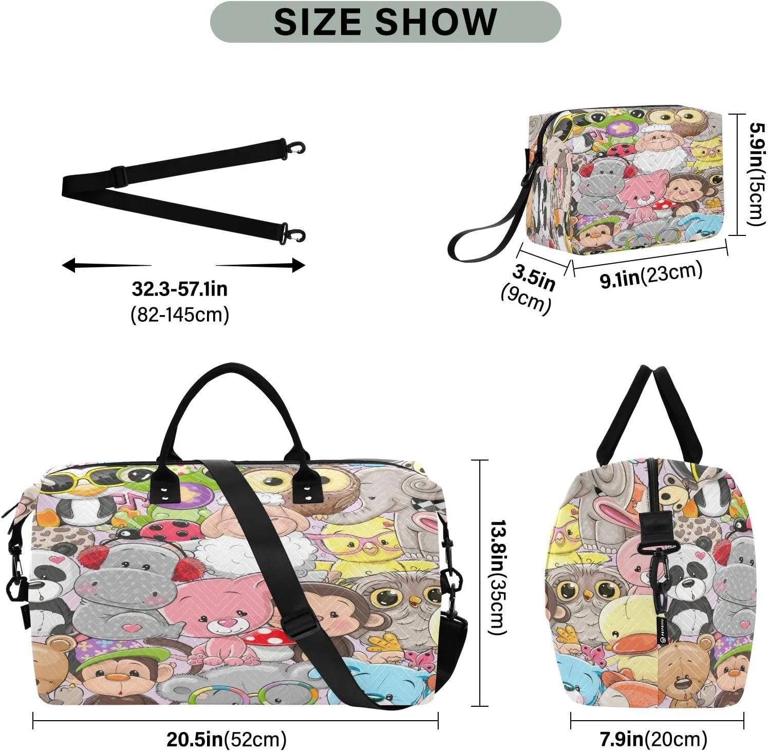 susiyo Animal Group Photo Expandable Travel Duffle Bag, Large Weekender Overnight Bags and Adjustable Strap, Carry On Shoulder Tote Bag, Gym Duffel Bag with Toiletry Bags for Hospital