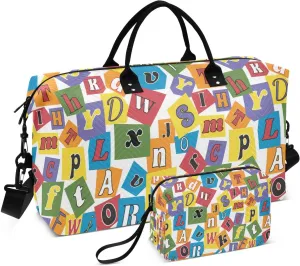 susiyo Colorful Random Letters Expandable Travel Duffle Bag, Large Weekender Overnight Bags and Adjustable Strap, Carry On Shoulder Tote Bag, Gym Duffel Bag with Toiletry Bags for Hospital