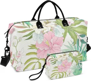 susiyo Travel Duffel Bag Tropical Flowers Chameleon Quilted Gym Bag Weekender Overnight Bags with Small Makeup Pouch
