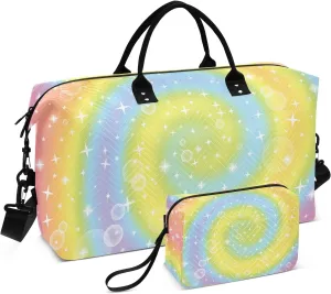 susiyo Travel Duffel Bags Fantasy Magic Rainbow Swirl Quilted Gym Bag Weekender Overnight Bags with Small Makeup Pouch
