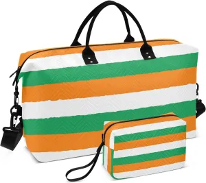 susiyo Travel Duffel Bags Saint Patricks Day Orange Green Stripes Quilted Gym Bag Weekender Overnight Bags with Small Makeup Pouch
