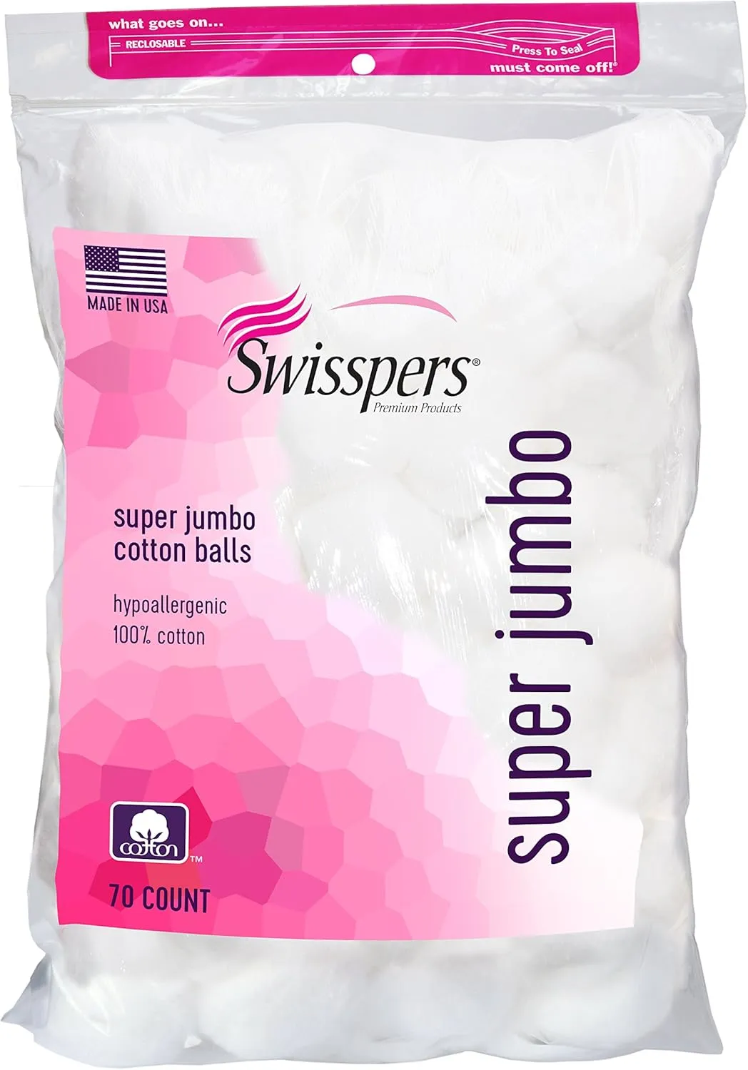Swisspers Premium 100% Cotton Balls, Hypoallergenic, Super Jumbo Size, 70-Count Bags, 12-Pack (840 Balls Total)