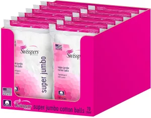 Swisspers Premium 100% Cotton Balls, Hypoallergenic, Super Jumbo Size, 70-Count Bags, 12-Pack (840 Balls Total)