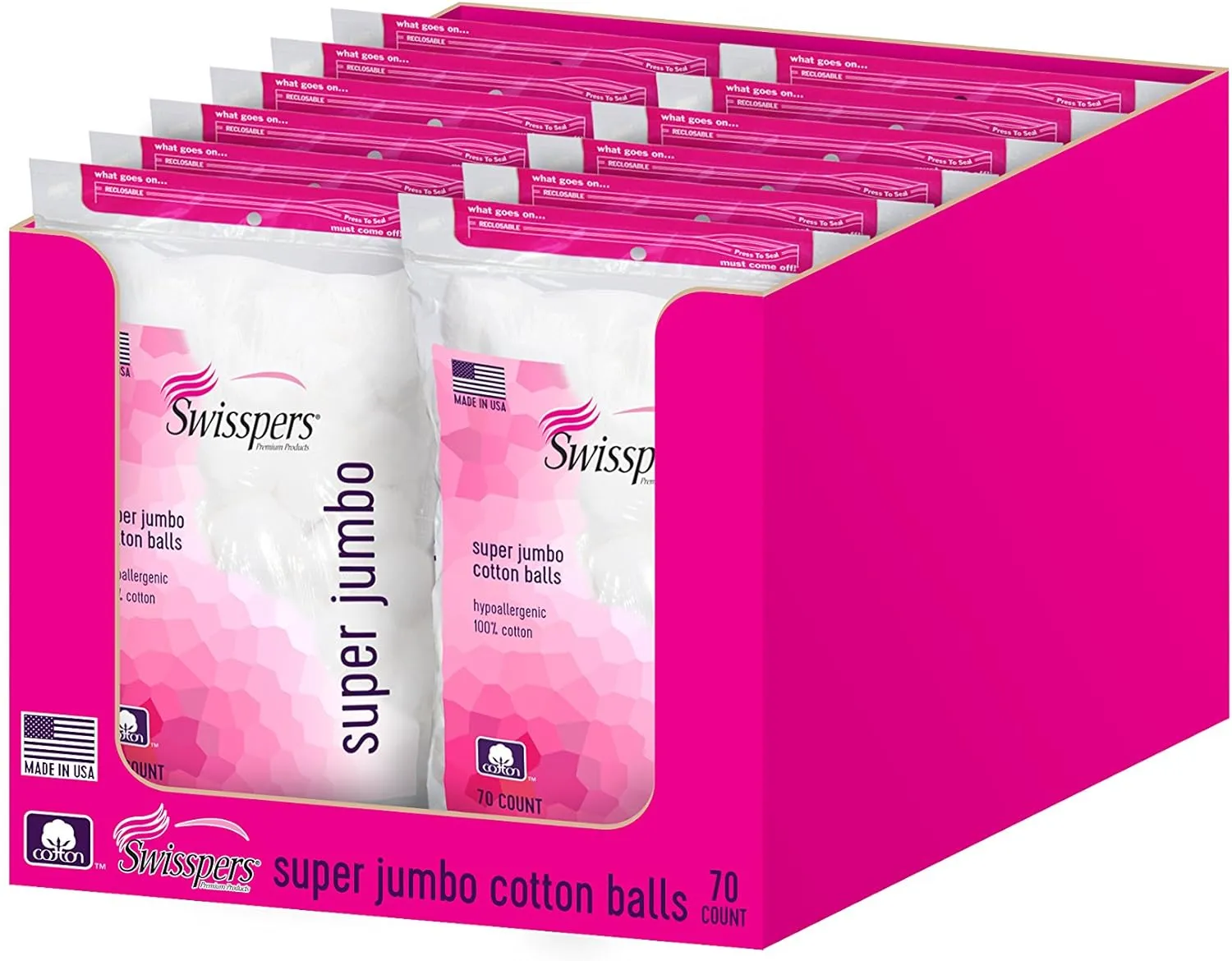 Swisspers Premium 100% Cotton Balls, Hypoallergenic, Super Jumbo Size, 70-Count Bags, 12-Pack (840 Balls Total)