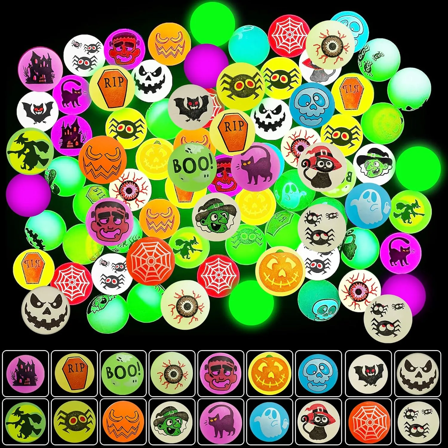 Taocco 144 Pieces Halloween Glow in The Dark Bouncing Balls, 18 Halloween Theme Designs Bouncy Toys for Halloween Party Supplies, Party Favors, Trick or Treating Goodies