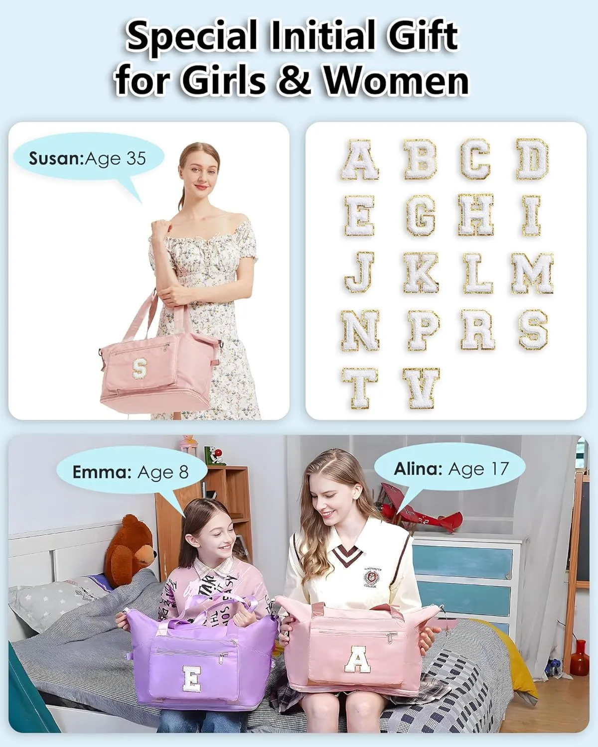 Teenage Girl Gifts, Weekender Bags for Women Travel, Initial Large Overnight Weekend Duffel Bags for Traveling with Shoe Compartment,GYM Duffle Bag for Kids Preteen Tween-Pink M