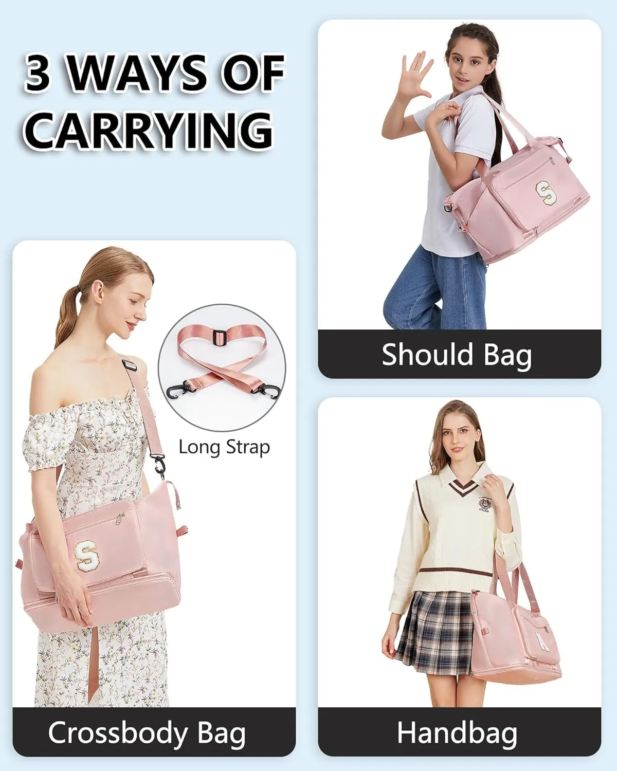 Teenage Girl Gifts, Weekender Bags for Women Travel, Initial Large Overnight Weekend Duffel Bags for Traveling with Shoe Compartment,GYM Duffle Bag for Kids Preteen Tween-Pink M