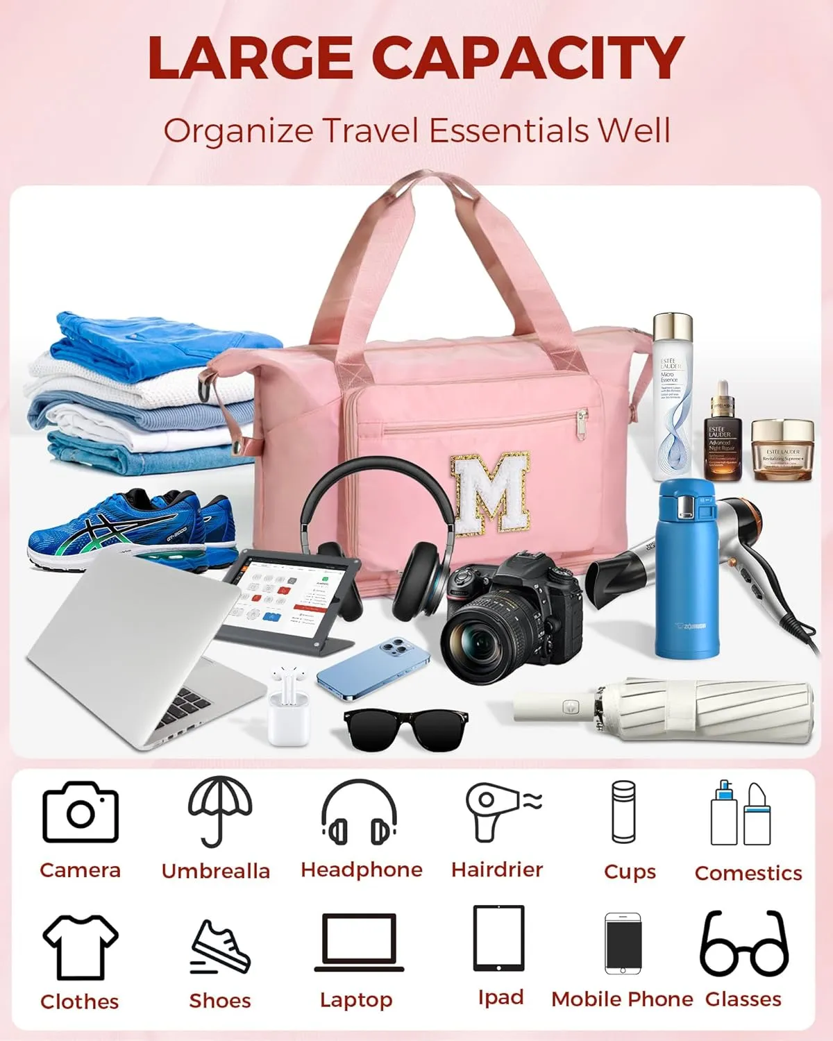Teenage Girl Gifts, Weekender Bags for Women Travel, Initial Large Overnight Weekend Duffel Bags for Traveling with Shoe Compartment,GYM Duffle Bag for Kids Preteen Tween-Pink M