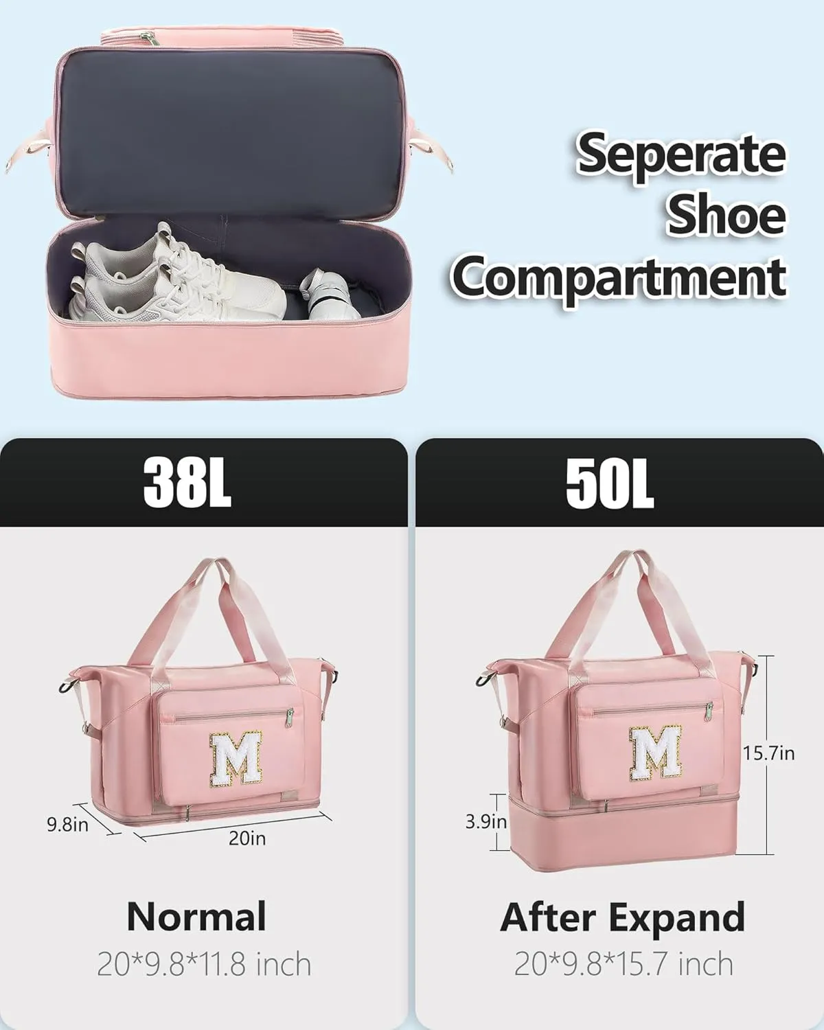 Teenage Girl Gifts, Weekender Bags for Women Travel, Initial Large Overnight Weekend Duffel Bags for Traveling with Shoe Compartment,GYM Duffle Bag for Kids Preteen Tween-Pink M
