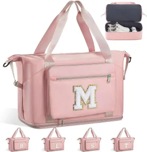 Teenage Girl Gifts, Weekender Bags for Women Travel, Initial Large Overnight Weekend Duffel Bags for Traveling with Shoe Compartment,GYM Duffle Bag for Kids Preteen Tween-Pink M