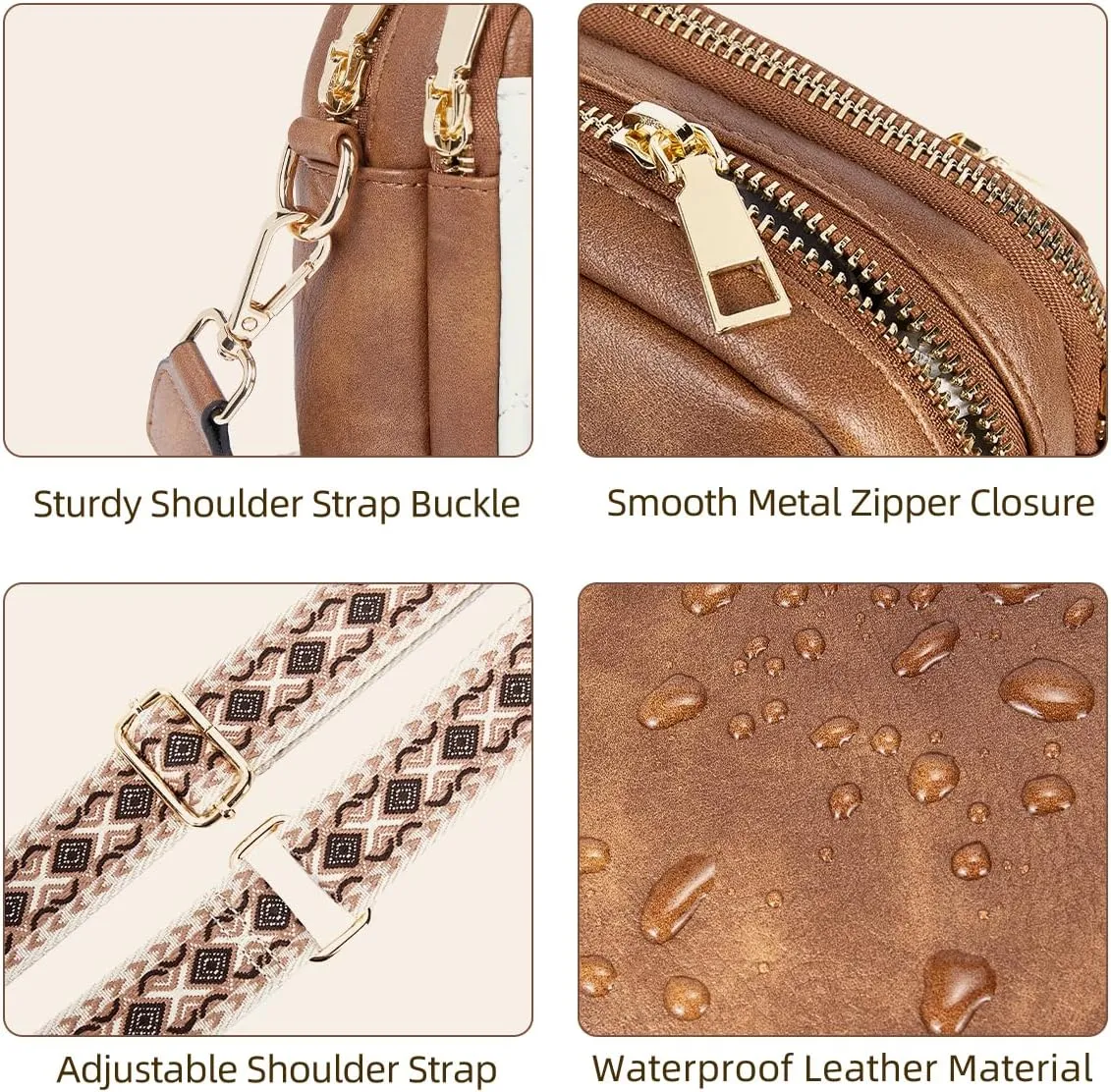 Telena Crossbody Bags for Women Small Crossbody Purses Quilted Vegan Leather with Guitar Strap Beige with Brown