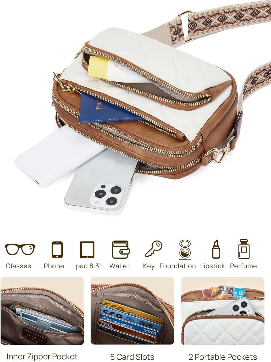 Telena Crossbody Bags for Women Small Crossbody Purses Quilted Vegan Leather with Guitar Strap Beige with Brown