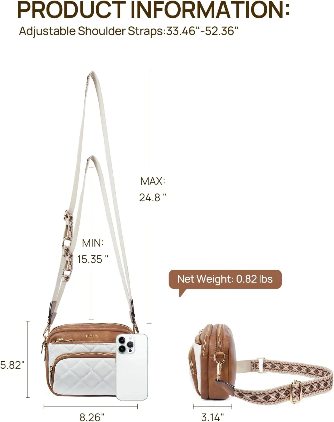 Telena Crossbody Bags for Women Small Crossbody Purses Quilted Vegan Leather with Guitar Strap Beige with Brown