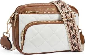 Telena Crossbody Bags for Women Small Crossbody Purses Quilted Vegan Leather with Guitar Strap Beige with Brown