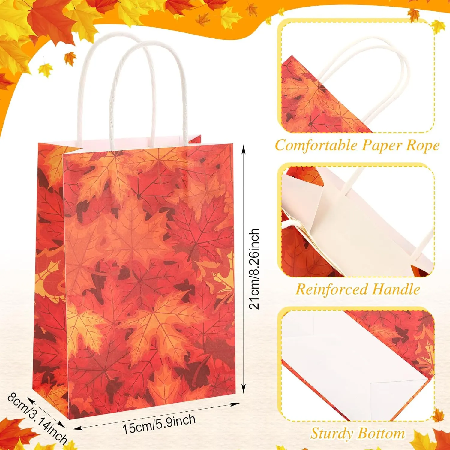 Tenceur 120 Pcs Fall Gift Bags Bulk Fall Candy Bags Kraft Paper Orange Gift Bags Maple Leaf Elements Party Treat Bags with Handles for Thanksgiving Autumn Wedding Birthday Party Favors