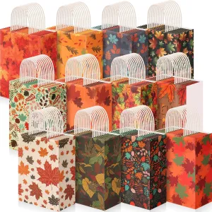 Tenceur 120 Pcs Fall Gift Bags Bulk Fall Candy Bags Kraft Paper Orange Gift Bags Maple Leaf Elements Party Treat Bags with Handles for Thanksgiving Autumn Wedding Birthday Party Favors