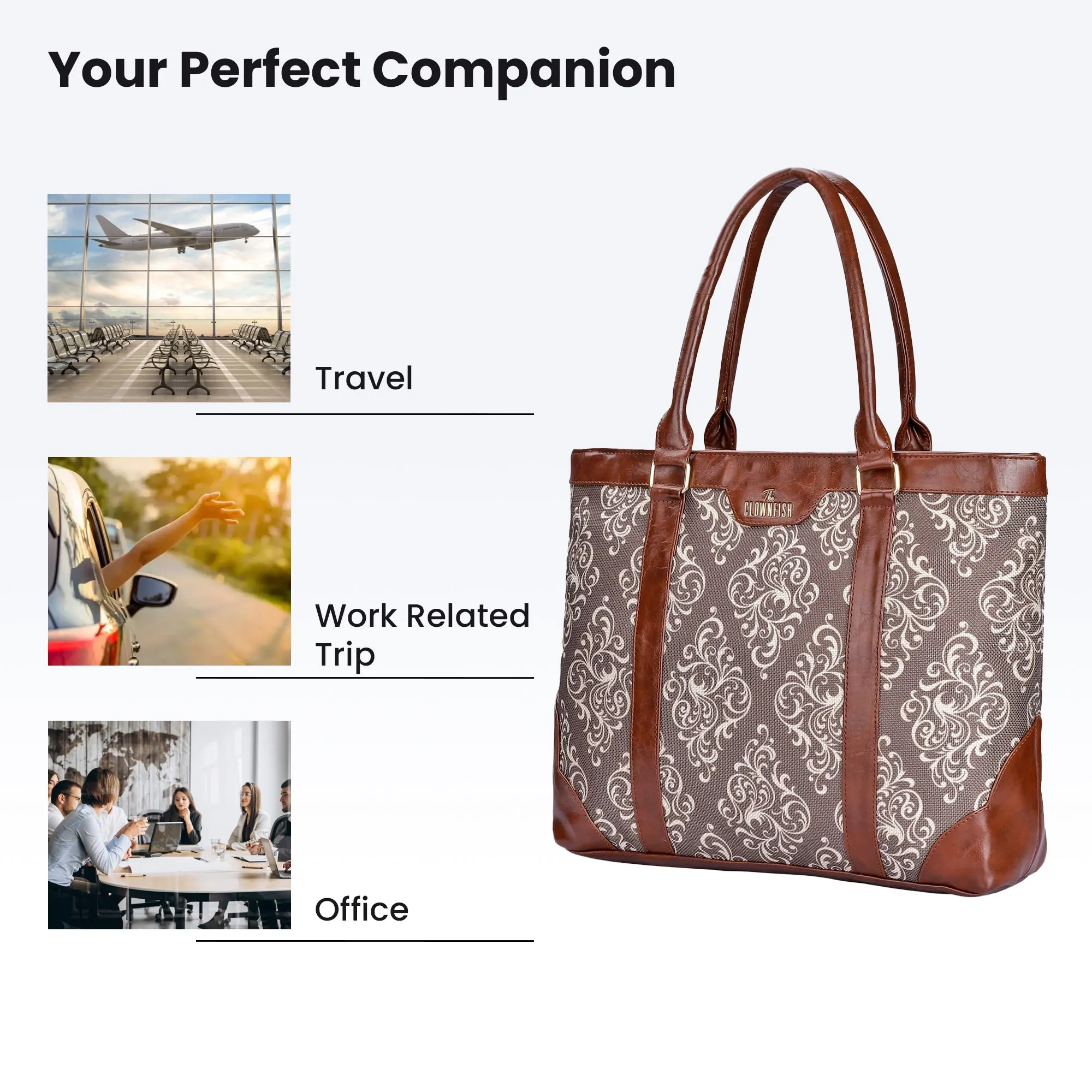 THE CLOWNFISH Miranda Series 15.6 inch Laptop Bag For Women Printed Handicraft Fabric & Faux Leather Office Bag Briefcase Hand Messenger bag Tote Shoulder Bag (Brown)