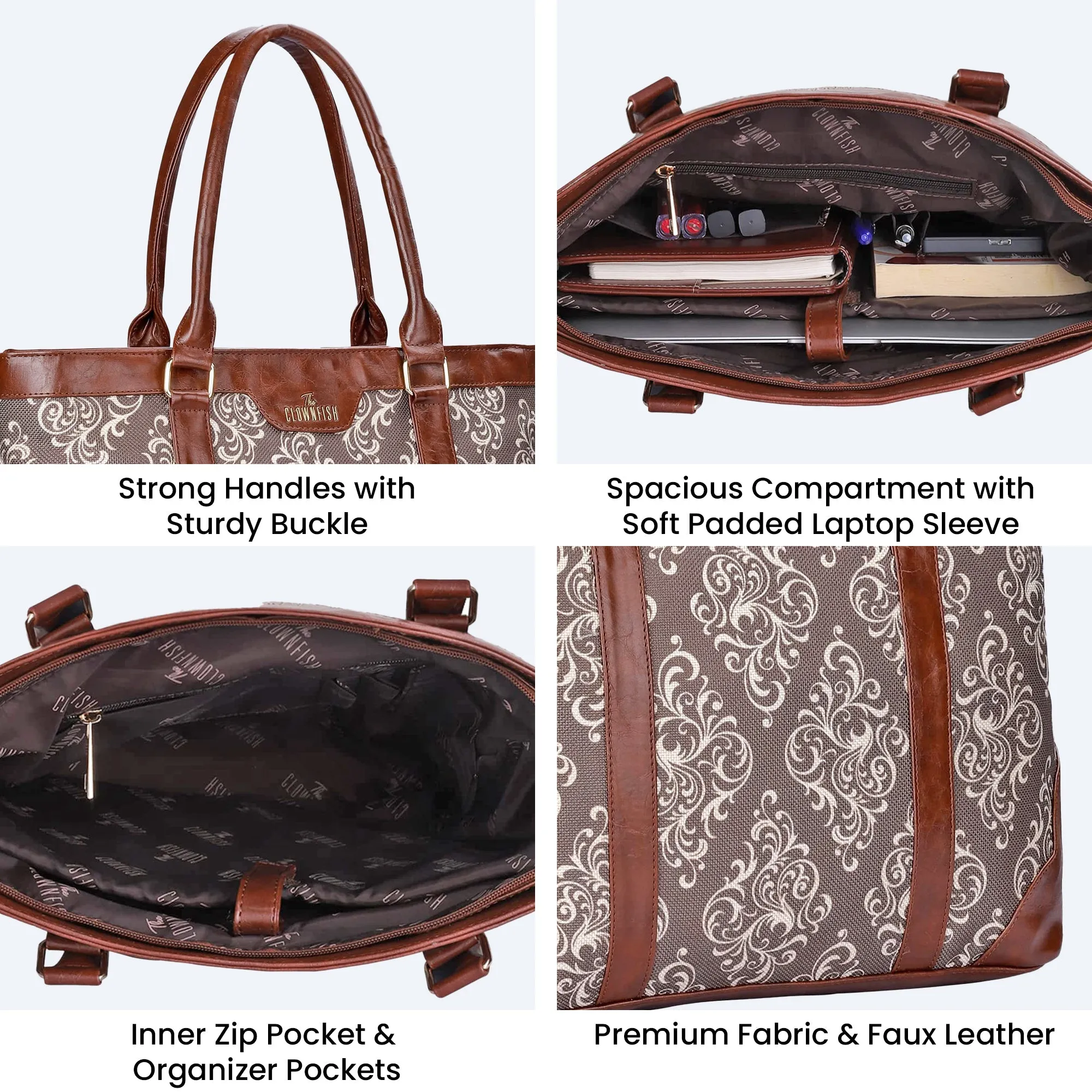 THE CLOWNFISH Miranda Series 15.6 inch Laptop Bag For Women Printed Handicraft Fabric & Faux Leather Office Bag Briefcase Hand Messenger bag Tote Shoulder Bag (Brown)