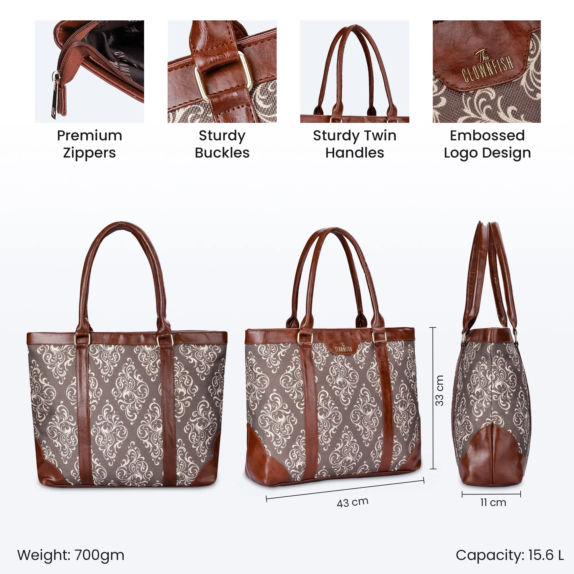 THE CLOWNFISH Miranda Series 15.6 inch Laptop Bag For Women Printed Handicraft Fabric & Faux Leather Office Bag Briefcase Hand Messenger bag Tote Shoulder Bag (Brown)