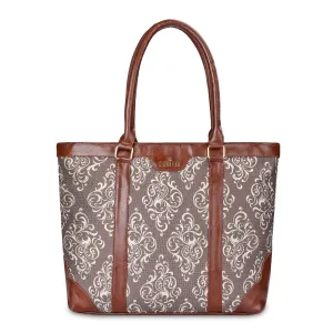 THE CLOWNFISH Miranda Series 15.6 inch Laptop Bag For Women Printed Handicraft Fabric & Faux Leather Office Bag Briefcase Hand Messenger bag Tote Shoulder Bag (Brown)