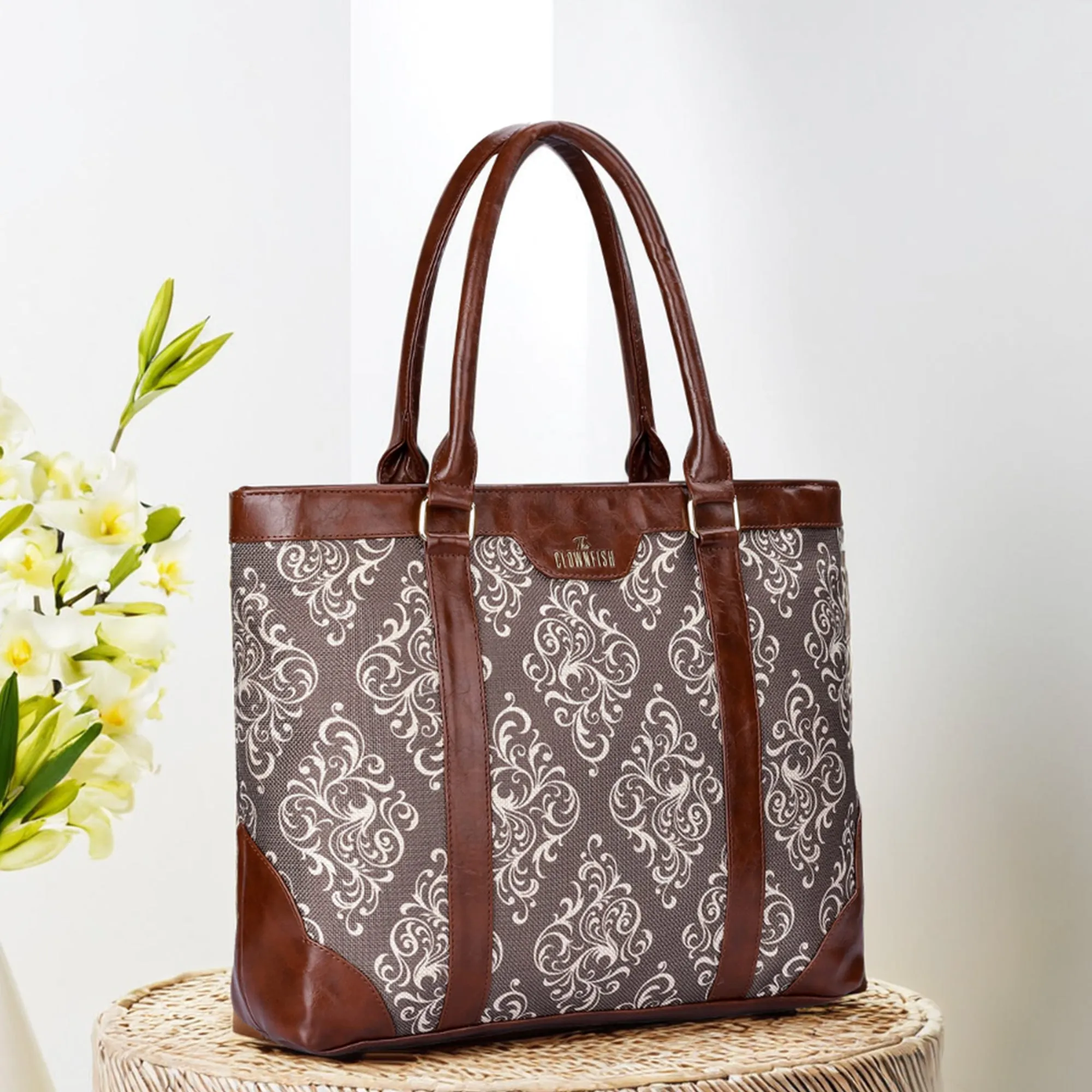THE CLOWNFISH Miranda Series 15.6 inch Laptop Bag For Women Printed Handicraft Fabric & Faux Leather Office Bag Briefcase Hand Messenger bag Tote Shoulder Bag (Brown)