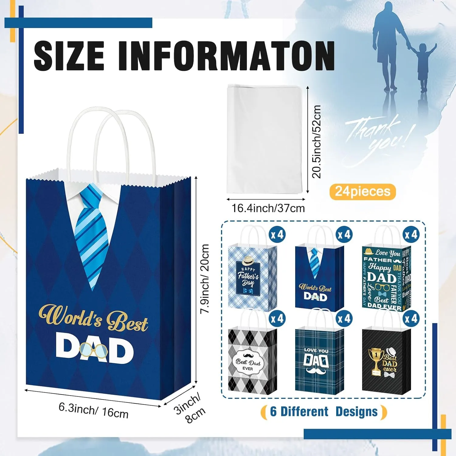 Thenshop 24 Pieces Father's Day Gift Bags with Tissue Paper Happy Fathers Day Paper Bag Fathers Day Gift Wrap Bags with Handle for Men Father's Day Birthday Party Decor Favor (Classic Style)