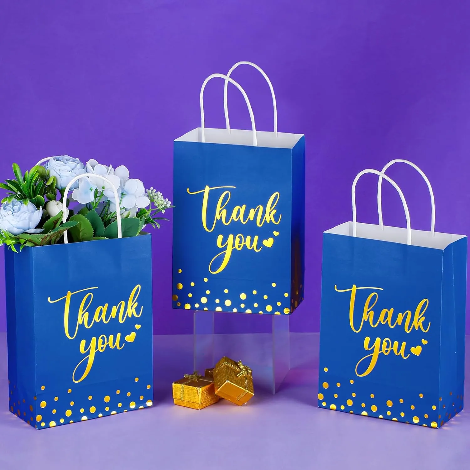 Tinlade 100 Pcs Thank You Gift Bags Bulk Paper Gold Thank You Wedding Bags with Handle for Business, Shopping, Wedding, Baby Shower, Party Favors (Royal Blue)