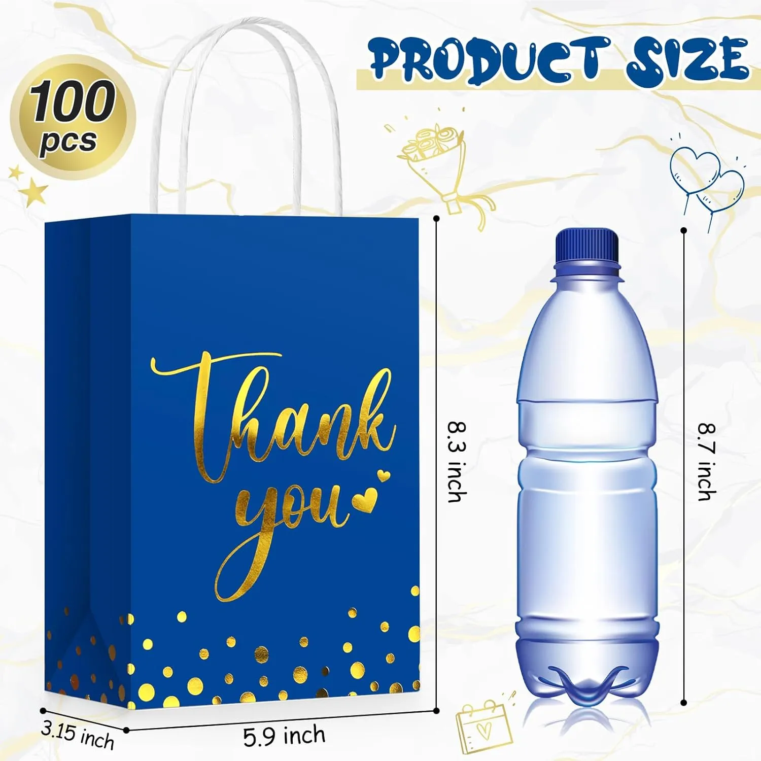 Tinlade 100 Pcs Thank You Gift Bags Bulk Paper Gold Thank You Wedding Bags with Handle for Business, Shopping, Wedding, Baby Shower, Party Favors (Royal Blue)