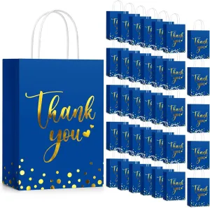 Tinlade 100 Pcs Thank You Gift Bags Bulk Paper Gold Thank You Wedding Bags with Handle for Business, Shopping, Wedding, Baby Shower, Party Favors (Royal Blue)