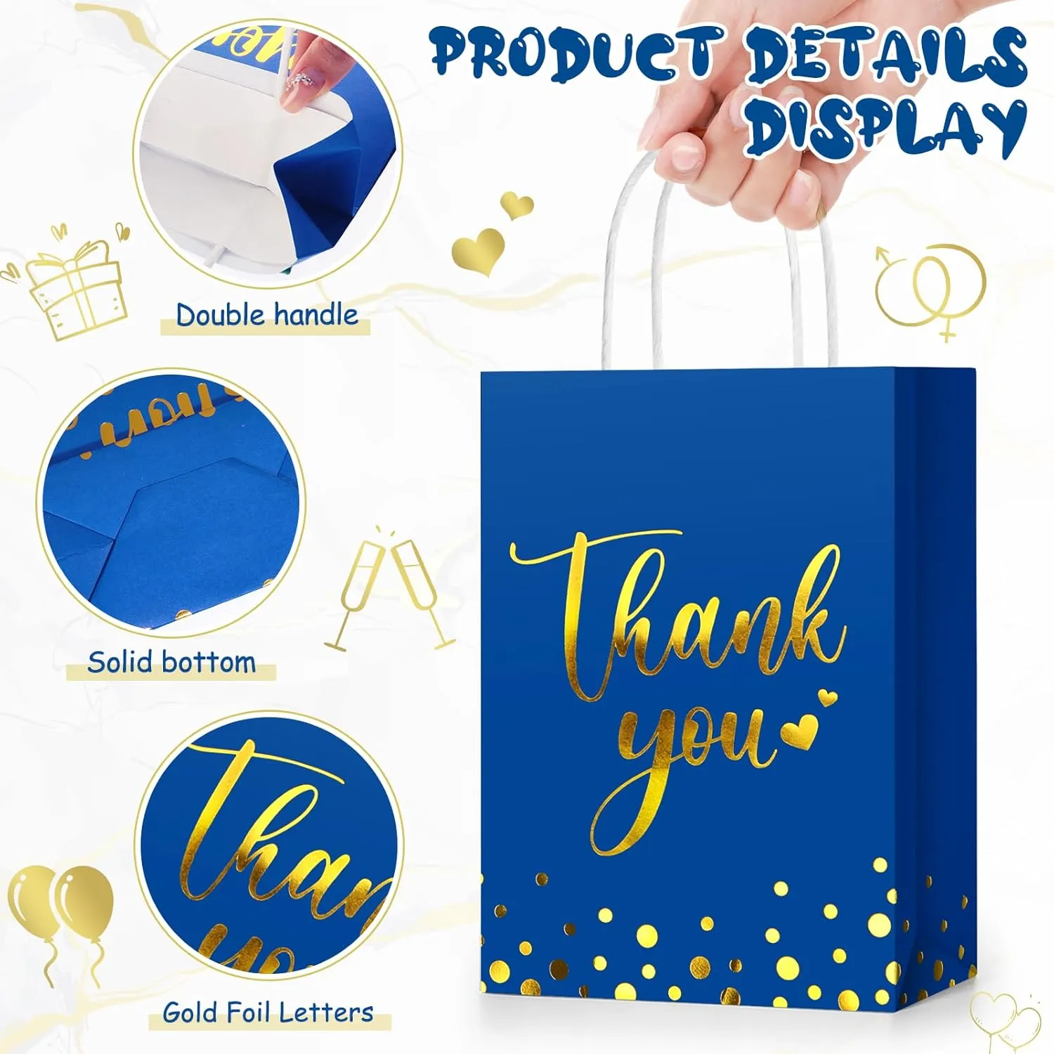Tinlade 100 Pcs Thank You Gift Bags Bulk Paper Gold Thank You Wedding Bags with Handle for Business, Shopping, Wedding, Baby Shower, Party Favors (Royal Blue)