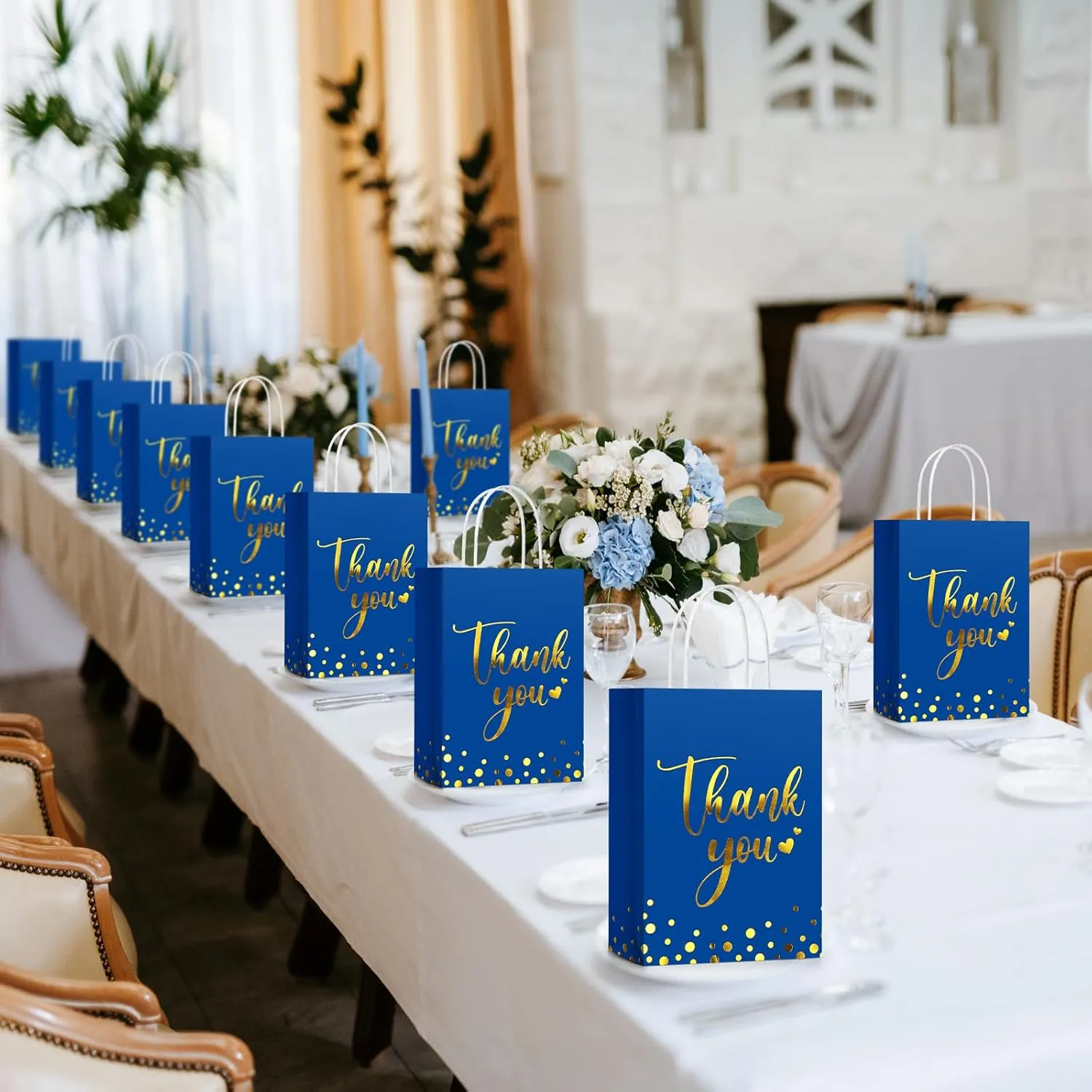 Tinlade 100 Pcs Thank You Gift Bags Bulk Paper Gold Thank You Wedding Bags with Handle for Business, Shopping, Wedding, Baby Shower, Party Favors (Royal Blue)