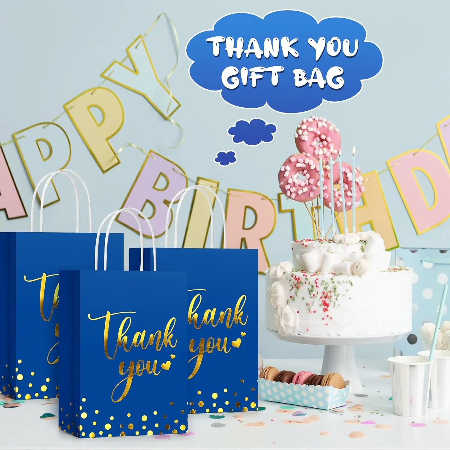Tinlade 100 Pcs Thank You Gift Bags Bulk Paper Gold Thank You Wedding Bags with Handle for Business, Shopping, Wedding, Baby Shower, Party Favors (Royal Blue)