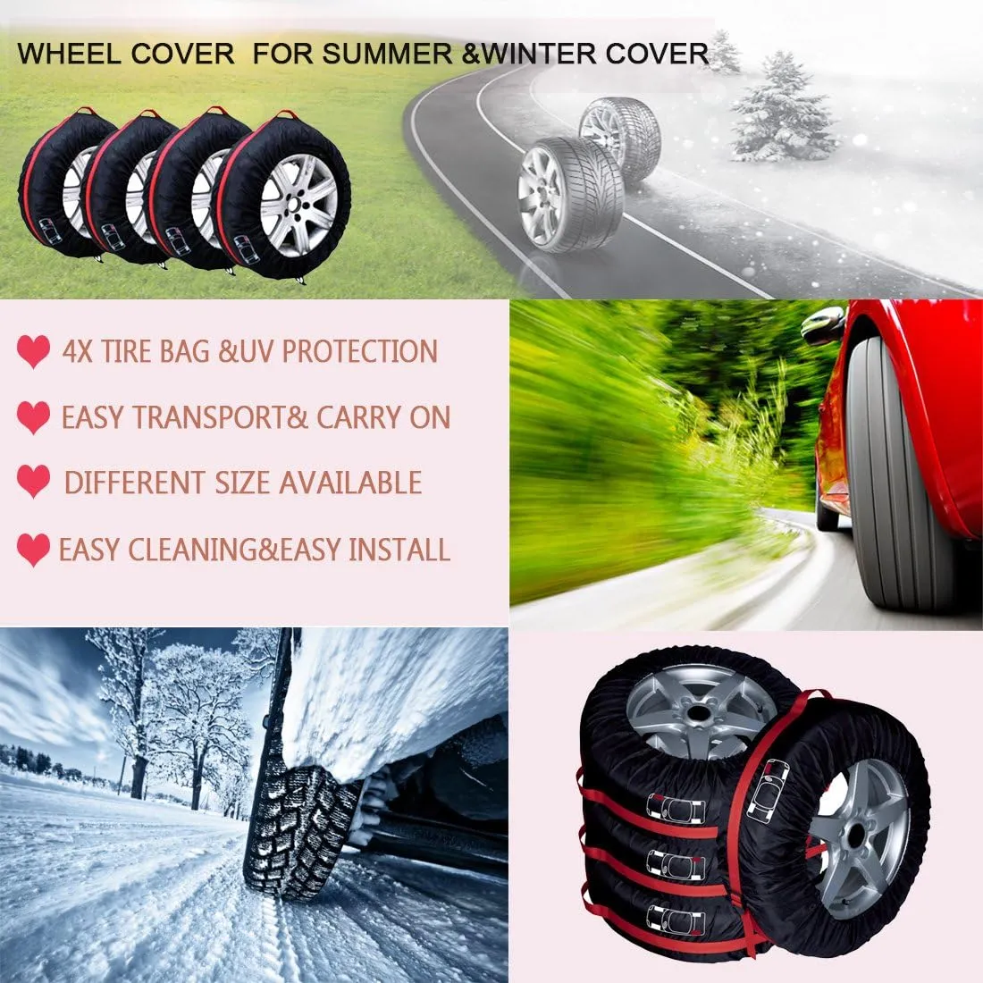Tire Cover FLR 80cm/31in Diameter Foldable Spare Tire Covers with 4 PCS Wheel Felts Protection Covers Storage Bags Wheel Cover for Car Off Road Truck Set of 4