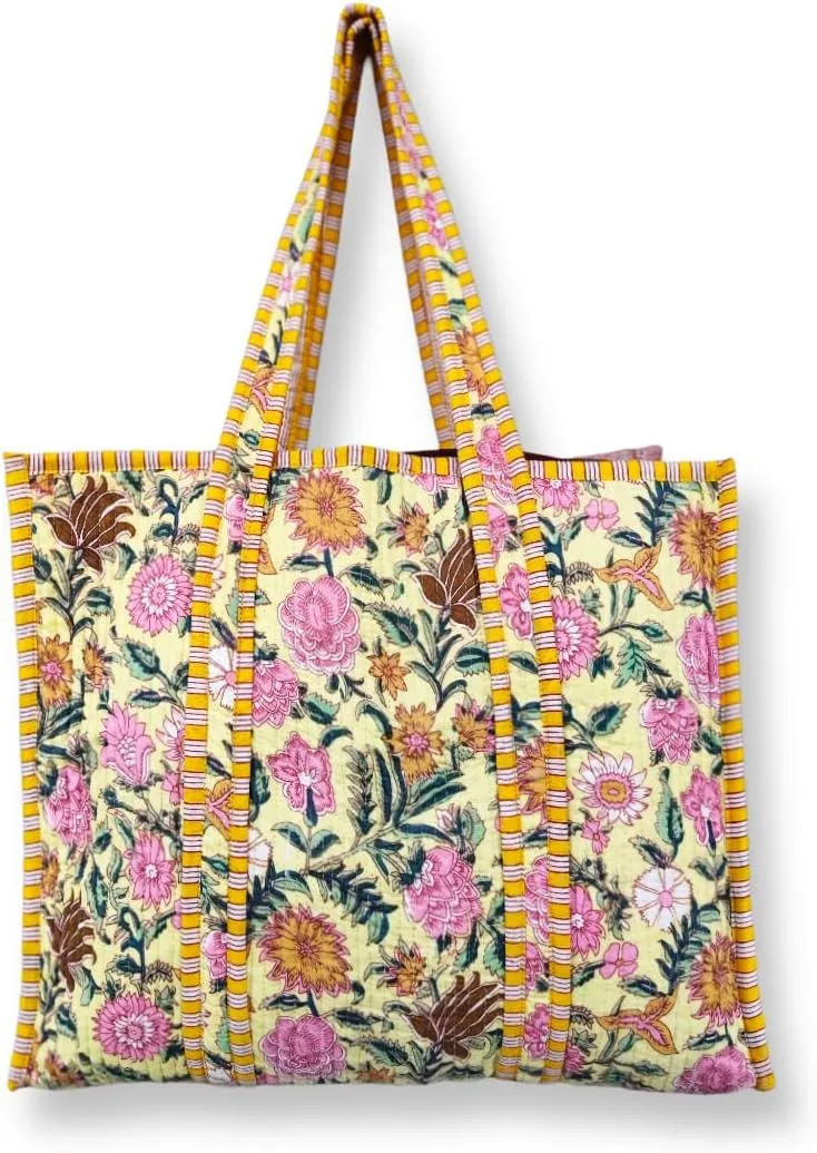Tote Bag For Women, Shoulder Purse with Inner Pocket, Quilted Cotton Handprinted Reversible Large Multicolor Tote Bag