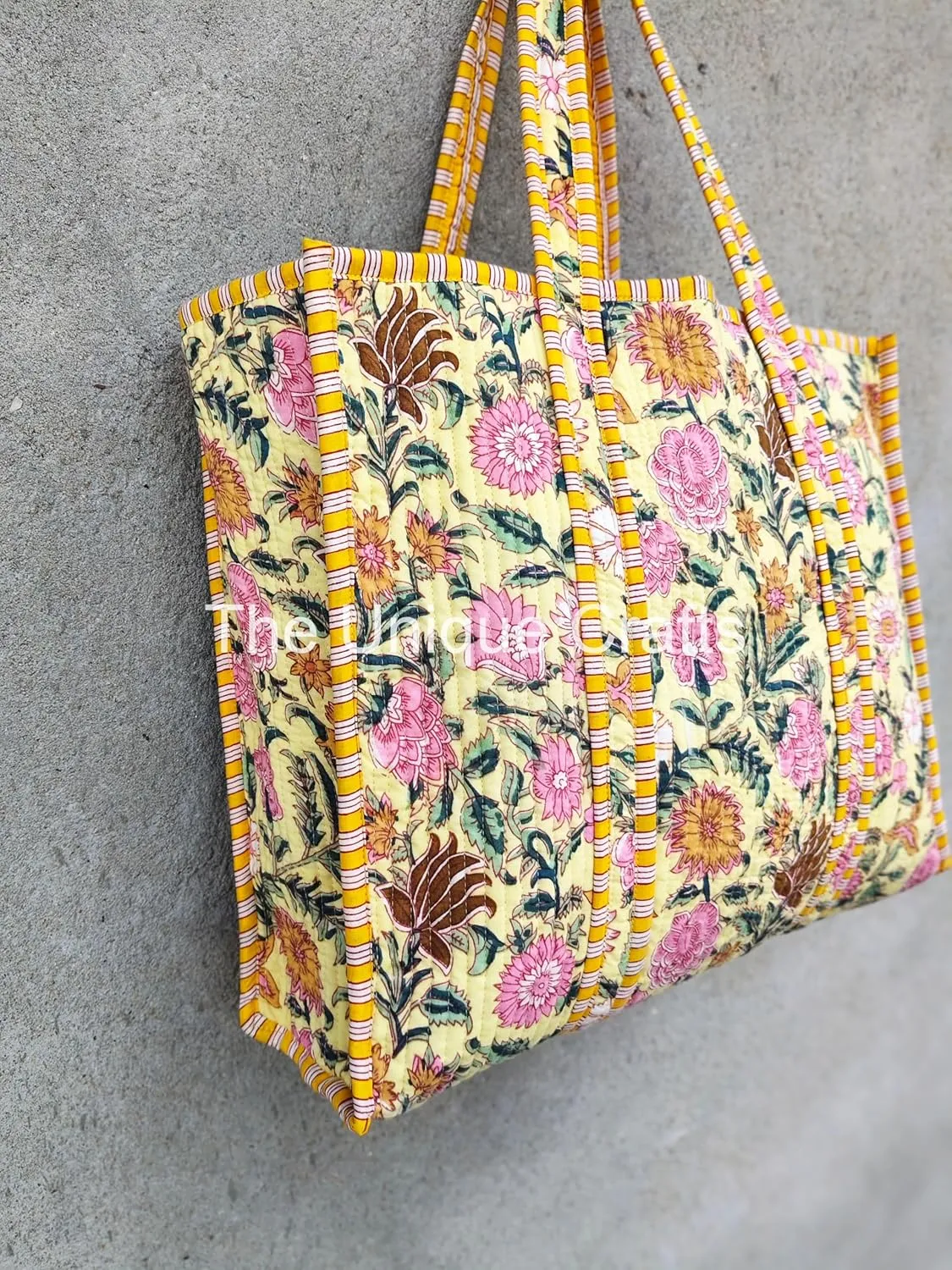 Tote Bag For Women, Shoulder Purse with Inner Pocket, Quilted Cotton Handprinted Reversible Large Multicolor Tote Bag